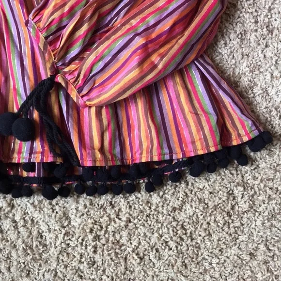 Boho Colorful Rainbow-Stripe Peplum Pom Pom Top Size M - Picture 5 of 6